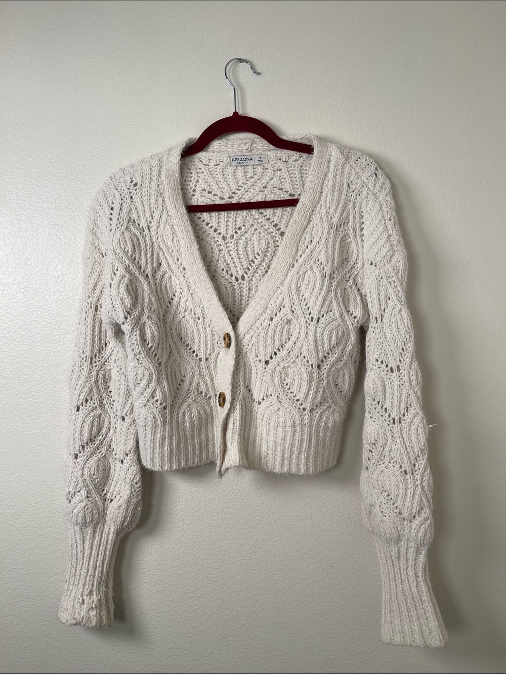 Arizona Jean Company Cream Cable Knit V-Neck Button Cardigan